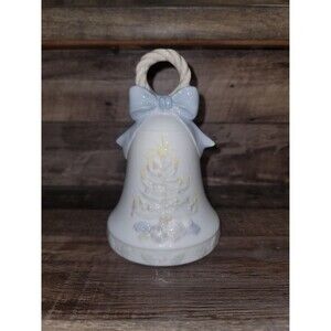 White Porcelain Christmas Musical Bell With Christmas Tree And Blue Bow 6 inch